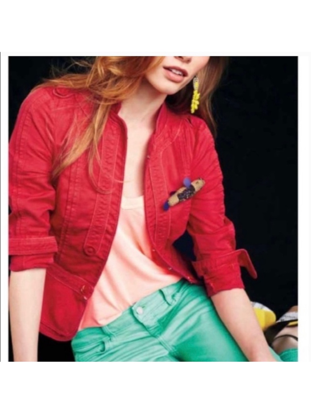 Anthropologie Elevenses Red Linen Crop Field Military Blazer Jacket 12 retro